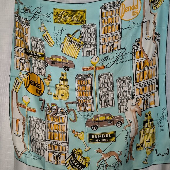 Henri Bendel 100% Silk Scarf, NYC motif, 34"X34"  Aqua Background - Picture 1 of 7